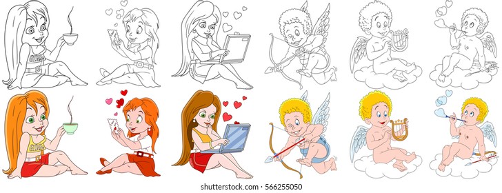 Saint valentines day set. Romantic collection. Girls with a cup of coffee, greeting card, receiving love message on a laptop, three heavenly baby angels (cupids). Coloring book pages for kids.
