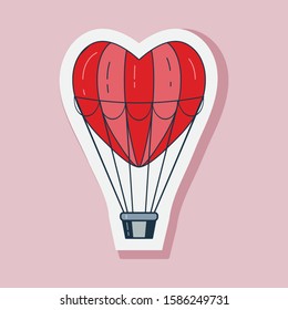 Saint Valentines Day sticker with love balloon in heart shape. Happy St Valentine line icon with red aerostat.
