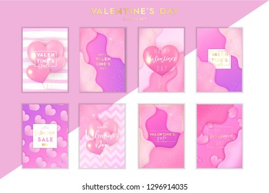 Saint Valentine's day trendy bright greetings cards set. Pink liquid shapes with gold glitter and confetti background. 3D Sale postcard A4 poster for 14 february. Realistic love heart balloons