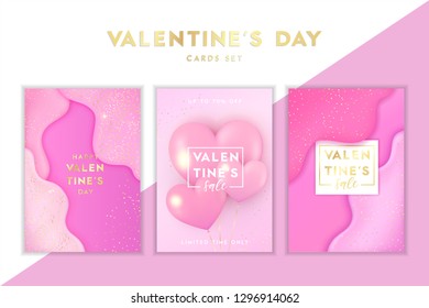 Saint Valentine's day trendy bright greetings cards set. Pink liquid shapes with gold glitter and confetti background. 3D Sale postcard A4 poster for 14 february. Realistic love heart balloons