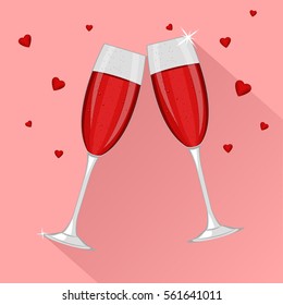 Saint Valentine's day. Two glasses of red champagne for Saint Valentines day or 8 March isolated on pink background. Woman day Vector illustration.