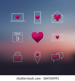 Saint Valentine's Day vector icon set. High-quality outline white icons with polygonal hearts for web and mobile apps.