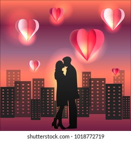 Saint Valentines day vector illustration with cuple sunset city and paper laterns