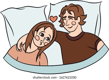 Saint Valentine's Day vector isolated Illustration. Sweet couple, young man and woman relaxing together in bed and smiling happily. Cartoon characters, guy hugging a girl, with relaxed happy smiles.