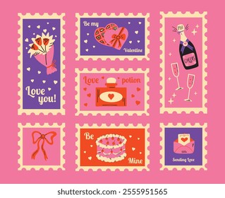 Saint Valentine's Day vector post stamps sticker elements set. Collection of cute groovy funky cartoon illustration with different romantic love objects bow, bouquet, 14 February design concept