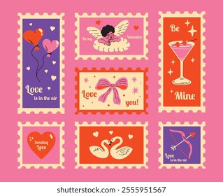Saint Valentine's Day vector post stamps sticker elements set. Collection of cute groovy funky cartoon illustration with different romantic objects bow, cupid, heart, arrow, 14 February design concept