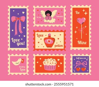 Saint Valentine's Day vector post stamps sticker elements set. Collection of cute groovy funky cartoon illustration with different romantic objects bow, cupid, heart, arrow, 14 February design concept