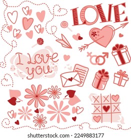 Saint Valentine's day vector set. All elements are isolated, flowers, love letters, presents, love lettering, hearts.