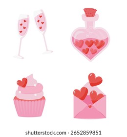 Conjunto de vetor do dia de São Valentim: Cupcake, Óculos de champanhe, Poção de amor com corações, Carta de amor, Design romântico