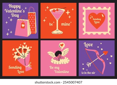 Vektor-Social-Media-Beiträge zum Valentinstag eingestellt. Sammlung von niedlichen groovigen funky Cartoon Illustration Aufkleber von cupid, Cocktail, Liebesgetränk, Herz, Pfeil, 14 Februar Design-Konzept