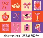 Saint Valentine's Day vector sticker elements set. Collection of cute groovy funky cartoon illustration of different romantic objects bow, cupid, love potion, heart, 14 February design concept, banner