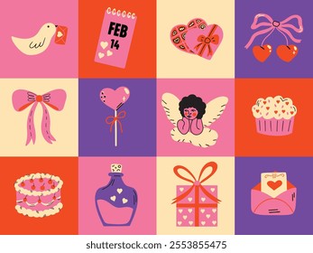 Saint Valentine's Day vector sticker elements set. Collection of cute groovy funky cartoon illustration of different romantic objects bow, cupid, love potion, envelope. 14 February design concept