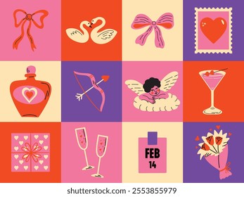 Saint Valentine's Day vector sticker elements set. Collection of cute groovy funky cartoon illustration of different romantic objects bow, cupid, love potion, heart, 14 February design concept, banner