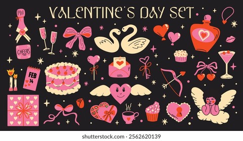 Saint Valentine's Day vector sticker elements set. Collection of cute groovy funky cartoon illustration of different romantic objects bow, cupid, love potion, heart, cake, 14 February design concept