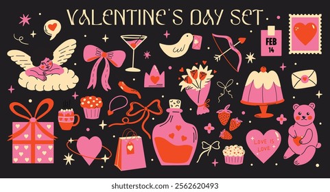 Saint Valentine's Day vector sticker elements set. Collection of cute groovy funky cartoon illustration of romantic objects bow, cupid, love potion, heart, bouquet, gift, 14 February design concept