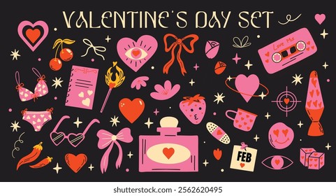 Saint Valentine's Day vector sticker elements set. Collection of cute groovy funky cartoon illustration of different romantic objects bow, love potion, heart, cherry, 14 February design concept