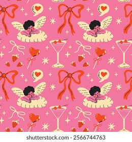 Saint Valentine's Day vector sticker elements set. Collection of cute groovy funky cartoon illustration of different romantic objects bow, cupid, love potion, heart, cake, 14 February design concept