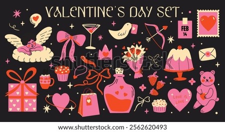 Saint Valentine's Day vector sticker elements set. Collection of cute groovy funky cartoon illustration of romantic objects bow, cupid, love potion, heart, bouquet, gift, 14 February design concept