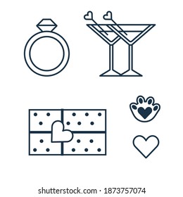 Saint Valentines Day or wedding love icons. Happy Valentine illustrations with hearts, wrapped gift, cat paw, wedding ring with jewel and two cocktail glasses with beverage.