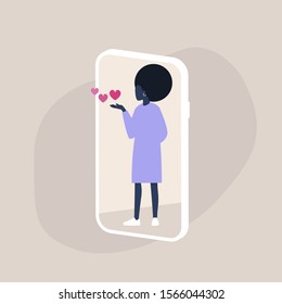 Saint Valentine's Day, Young black female character blowing kisses on a smartphone screen, millennial lifestyle