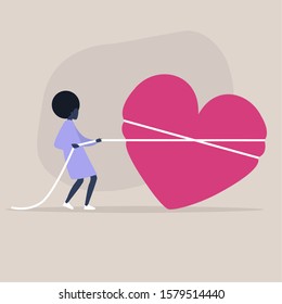 Saint Valentine's Day, young black female character pulling a heart with a rope, love and achievement concept