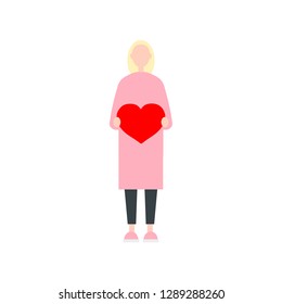 Saint Valentines Day. Young blonde female character holding a red heart. In love. Flat editable vector clip art