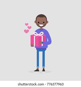 Saint Valentines Day. Young character holding a decorated wrapped gift box. Love. Relationships. Flat editable vector illustration, clip art