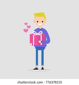 Saint Valentines Day. Young character holding a decorated wrapped gift box. Love. Relationships. Flat editable vector illustration, clip art