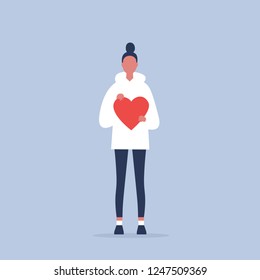 Saint Valentines Day. Young female character holding a red heart. Relationships. Love. Romance. Emotions. Flat editable vector illustration, clip art