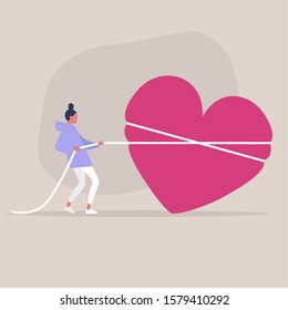 Saint Valentine's Day, young female character pulling a heart with a rope, love and achievement concept