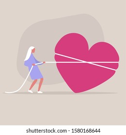 Saint Valentine's Day, young female character pulling a heart with a rope, love and achievement concept