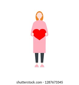 Saint Valentines Day. Young ginger female character holding a red heart. In love. Flat editable vector clip art
