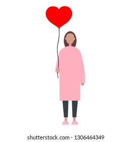 Saint Valentines Day. Young hispanic tanned female character holding a red balloon heart.