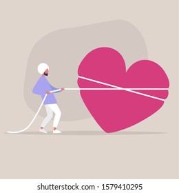 Saint Valentine's Day, young indian male character pulling a heart with a rope, love and achievement concept