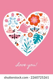 Saint Valentine's greeting card with heart and romantic objects inside, cartoon style. Trendy modern vector illustration, hand drawn, flat