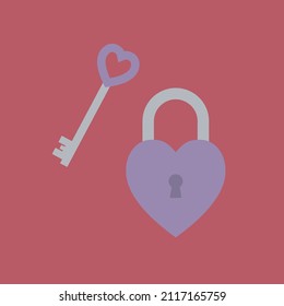 Saint Valentine's Lock and Key in a Heart Shape. Cupid's Accessories isolated on a Red Background. Love Purple Lock and Keyhole with a Key for February 14. Part of a Saint Valentine's Day icon set.
