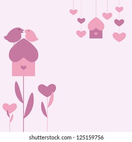 Saint Valentine`s or marriage day pink background with two birds sitting on growing as flower nesting box, growing hearts and hanging nesting box and hearts