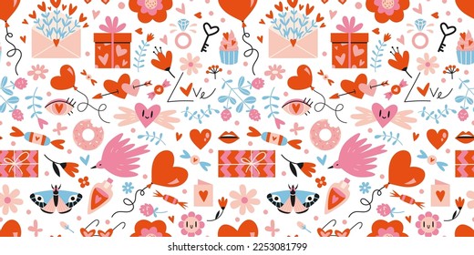 Saint Valentine's seamless pattern with cute romantic elements on a white background, cartoon style. Trendy modern vector illustration, hand drawn, flat