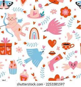 Saint Valentine's seamless pattern with cute romantic elements on a white background, cartoon style. Trendy modern vector illustration, hand drawn, flat 