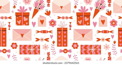 St. Valentins nahtloses Muster mit süßen romantischen Geschenken, Süßigkeiten, Geschenkbox und Blumen auf weißem Hintergrund, Cartoon-Stil. Trendmoderne Vektorgrafik, handgezeichnet, flach