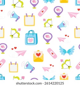 saint valentines seamless pattern with cute romantic elements on white background in cartoon flat style, modern vector illustration