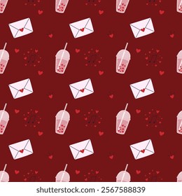 Saint Valentine's seamless pattern with envelope, bubble tea and musical notes