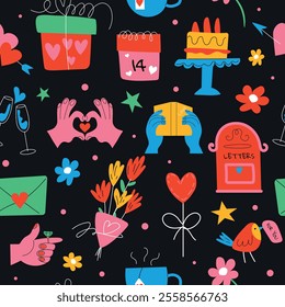 Saint Valentine's seamless pattern with motley romantic elements on a black background. Motifs with cute items in romantic style and colours.Trendy modern vector illustration, hand drawn.