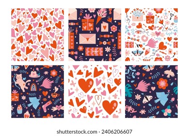 Saint Valentine's seamless pattern set, cartoon style. Cute romantic objects like hearts, birds, sweets, gift box and flowers. Trendy modern vector illustration, hand drawn, flat design