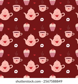 Saint Valentine's seamless pattern with Teapot and Cupcake