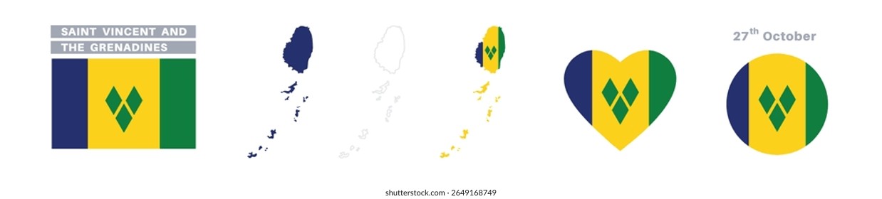  Saint Vincent dan Grenadines flag and map set. Saint Vincent dan Grenadines flag in official colors and proportions. independence day 27 october