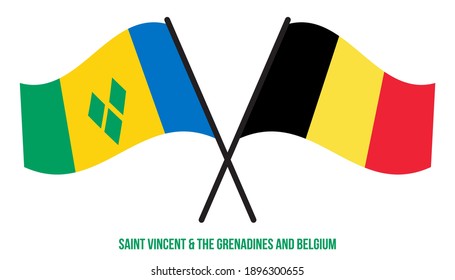 Saint Vincent and the Grenadines and Belgium Flags Crossed And Waving Flat Style. Official Proportion.
