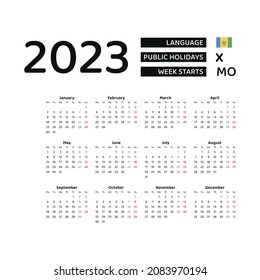 Saint Vincent and the Grenadines Calendar 2023. Week starts from Monday. Vector graphic design. English language.