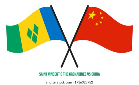 Saint Vincent & the Grenadines and China Flags Crossed And Waving Flat Style. Official Proportion.