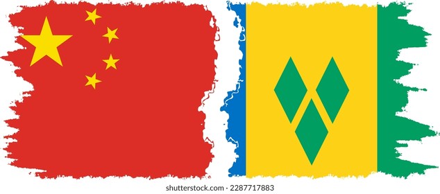 Saint Vincent and the Grenadines and China grunge flags connection, vector